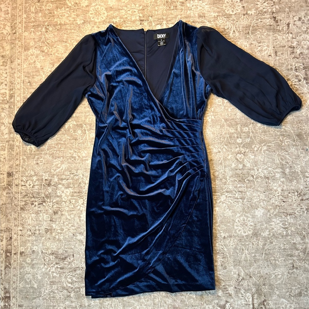 DKNY Midnight Blue Velvet Quarter Sleeve Shear Dress Size 16